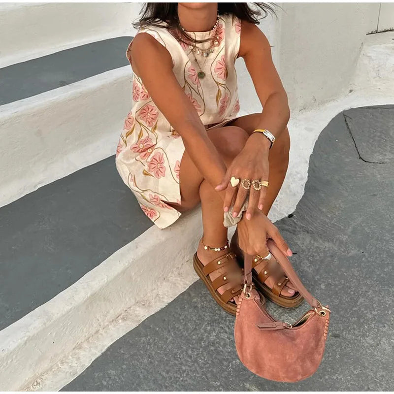 Women's Sleeveless Mini Dress with Pink Floral Allover Print