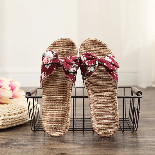 Women's Bowknot Slide Slippers with Floral Strap and Flax Sole