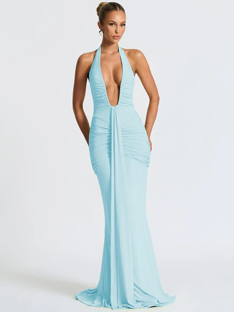 Women's Halter Maxi Dress with Deep V Neck and Draped Ruched Waist