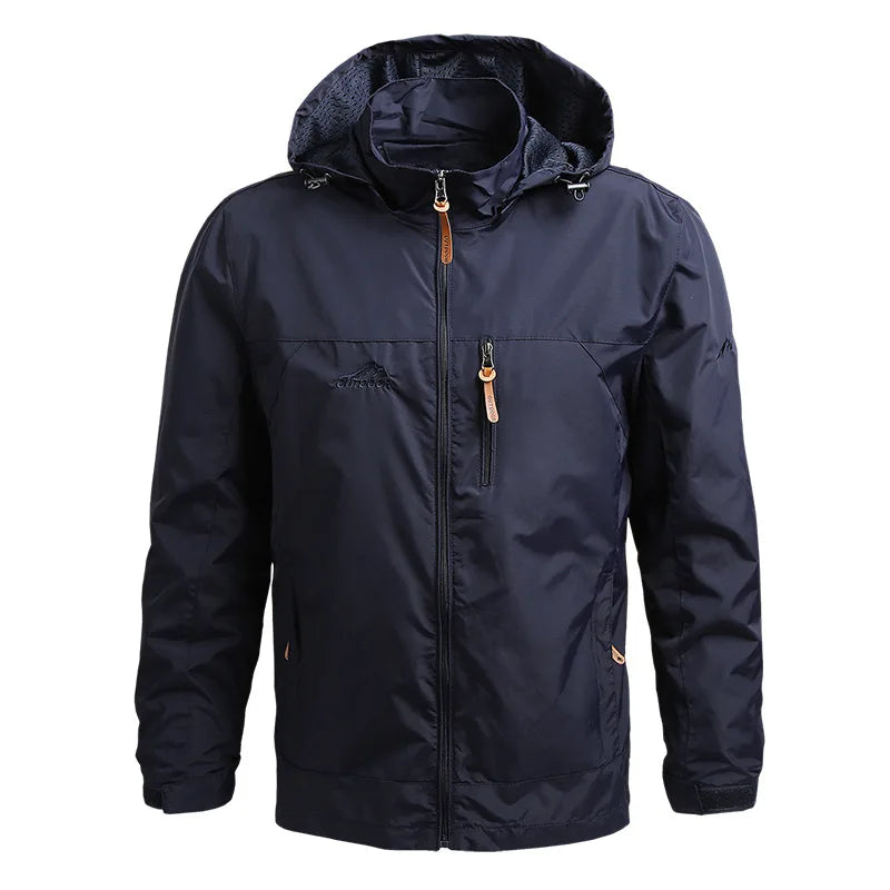 Men’s Waterproof Hooded Windbreaker Jacket with Zip Front Design