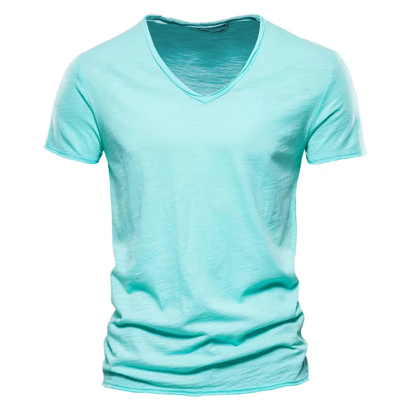 Men's Slim Fit V-Neck T-Shirt with Short Sleeves and Wrinkle Look