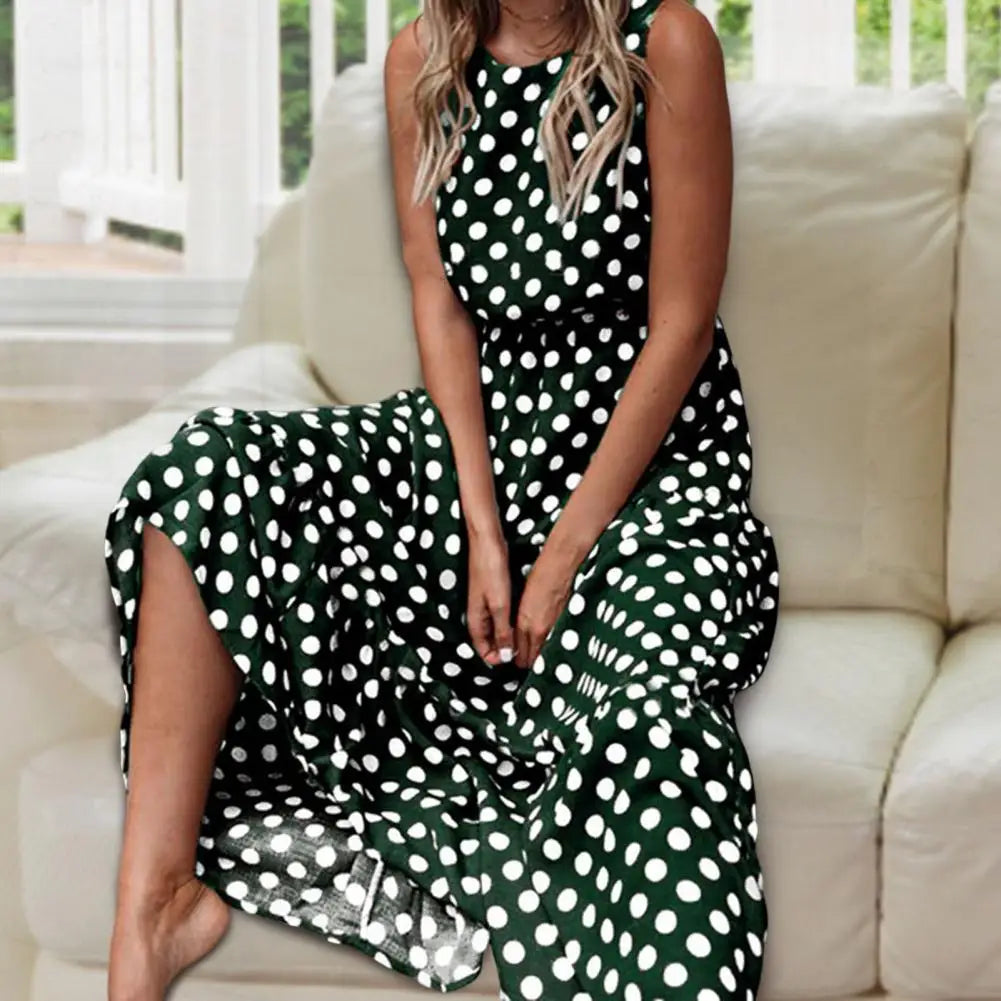 Women's Sleeveless Polka Dot Maxi Dress with Relaxed Fit