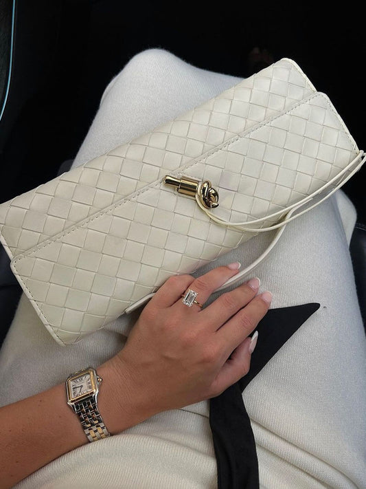 Women's Woven Shoulder Handbag with Top Handle and Flap Closure