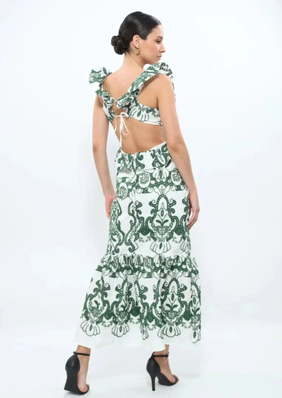 Women's Ruffled Backless Maxi Dress with Vintage-Inspired Print