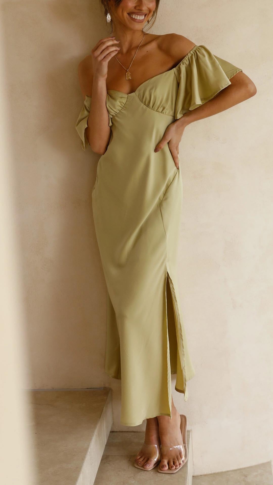 Women's Off-Shoulder Maxi Dress with Ruched Bust and Side Slit