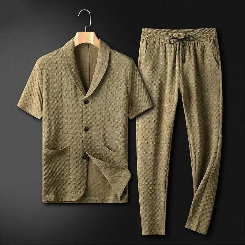 Men's Two-Piece Set with Shawl Collar Blazer and Textured Trousers