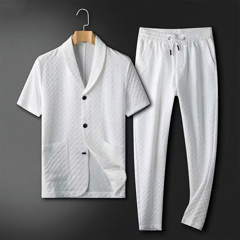 Men's Two-Piece Set with Shawl Collar Blazer and Textured Trousers