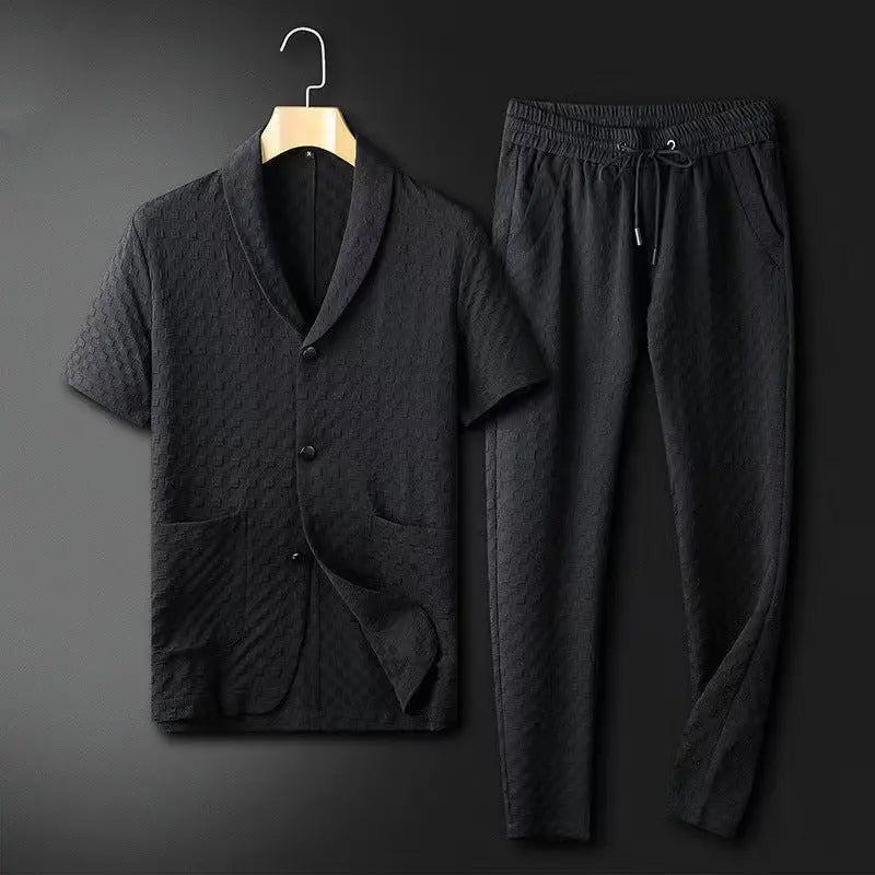 Men's Two-Piece Set with Shawl Collar Blazer and Textured Trousers