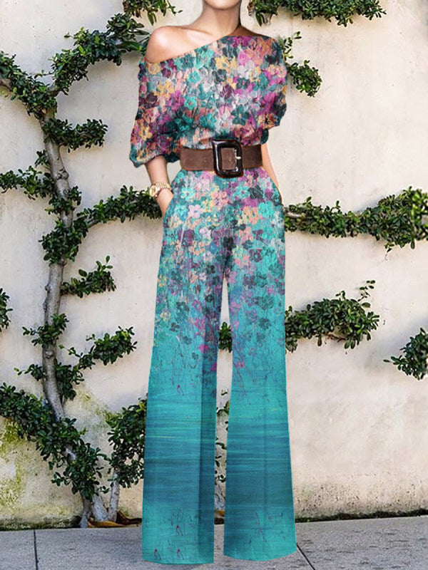 Women's One Shoulder Wide Leg Jumpsuit with Artistic Print Design