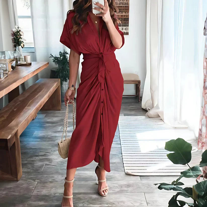 Women's Ruched Shirt Maxi Dress with Tie Waist and Button Front
