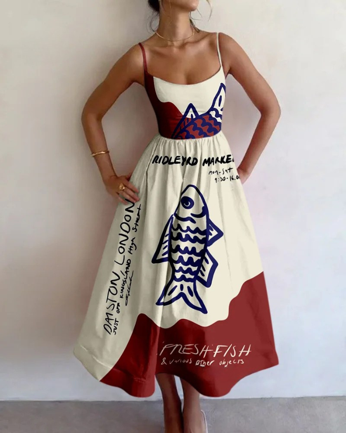 Women's Sleeveless Maxi Dress with Abstract Fish Print