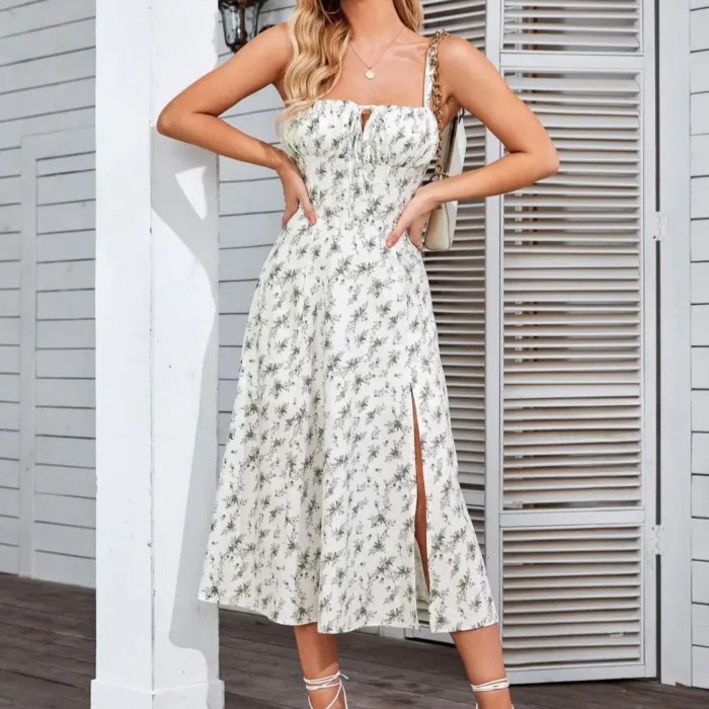 Women's Floral Midi Dress with Sweetheart Neck and Front Slit