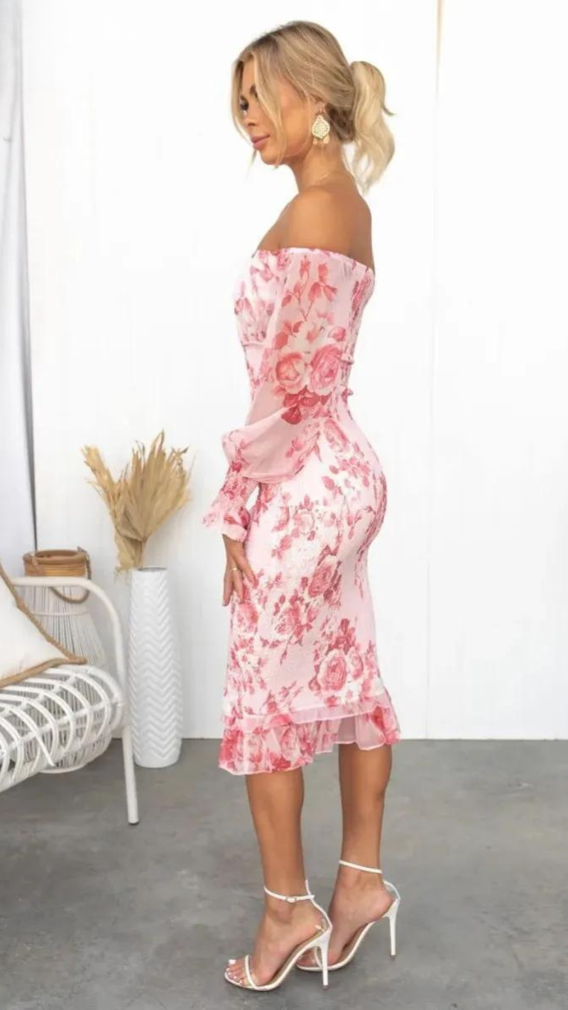 Women's Off-Shoulder Floral Bodycon Midi Dress with Puff Sleeves