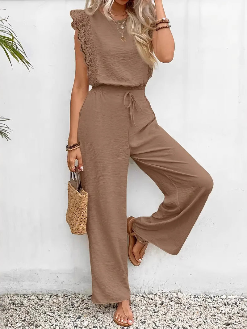 Women's Sleeveless Lace-Trim Jumpsuit with Drawstring Waist