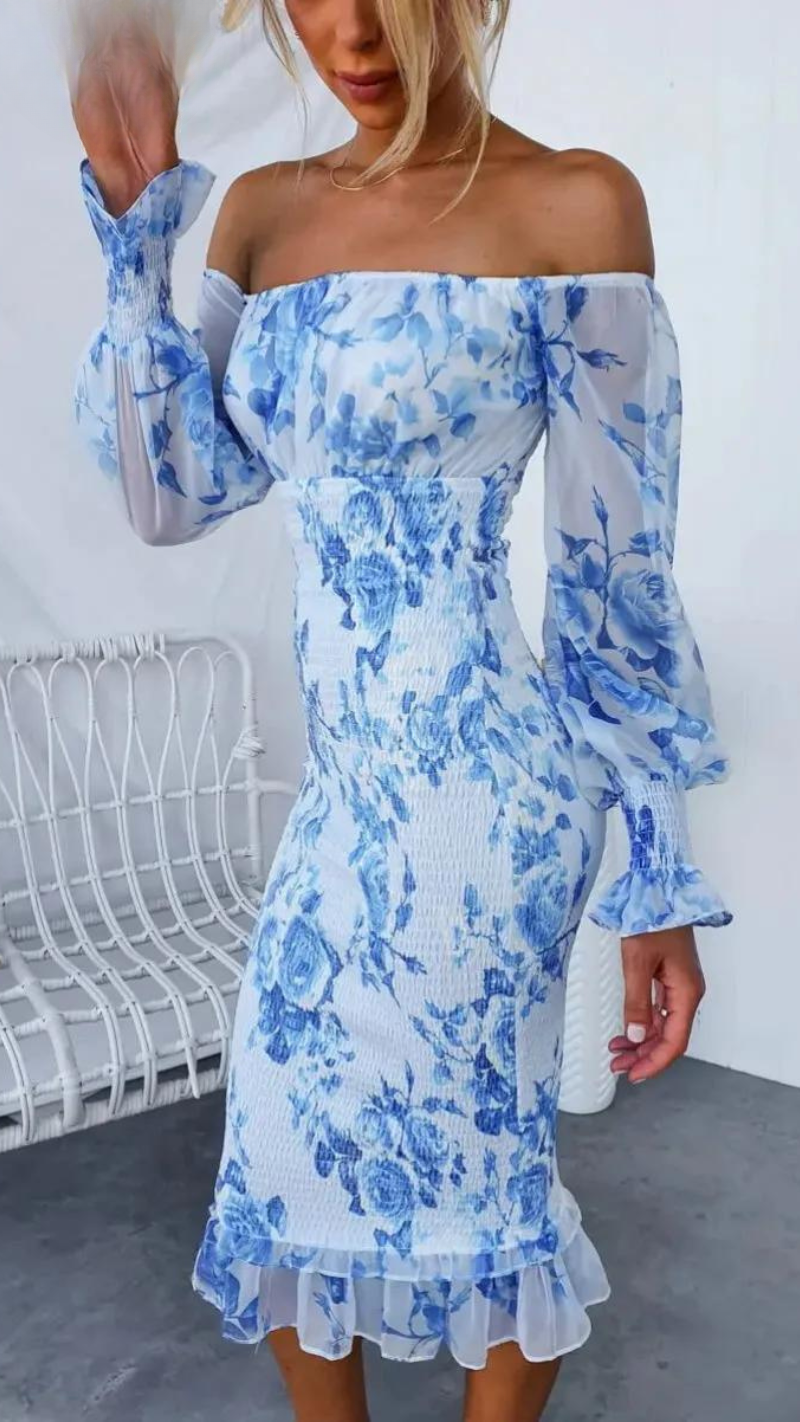 Women's Off-Shoulder Floral Bodycon Midi Dress with Puff Sleeves