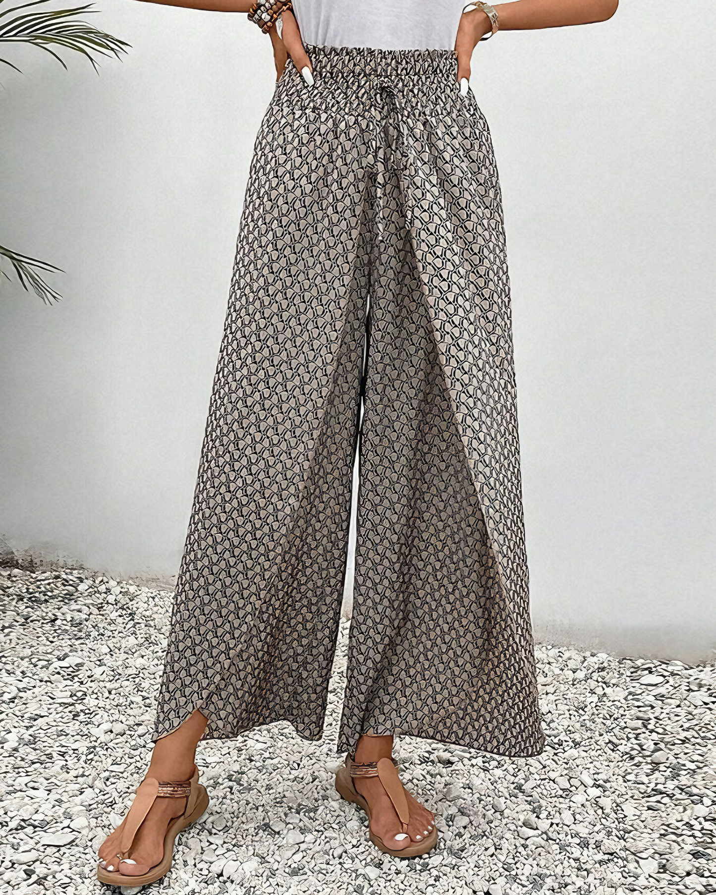 Women's Wide-Leg Patterned Pants with Elastic Waist