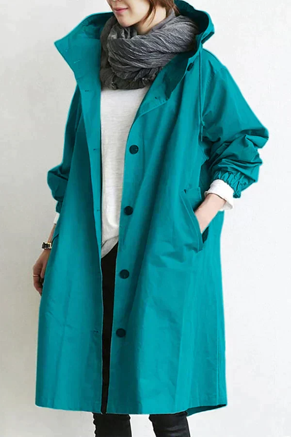 Women's Oversized Rain Jacket with Hood Button Front and Pockets