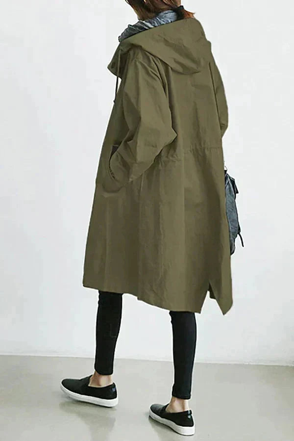 Women's Oversized Rain Jacket with Hood Button Front and Pockets