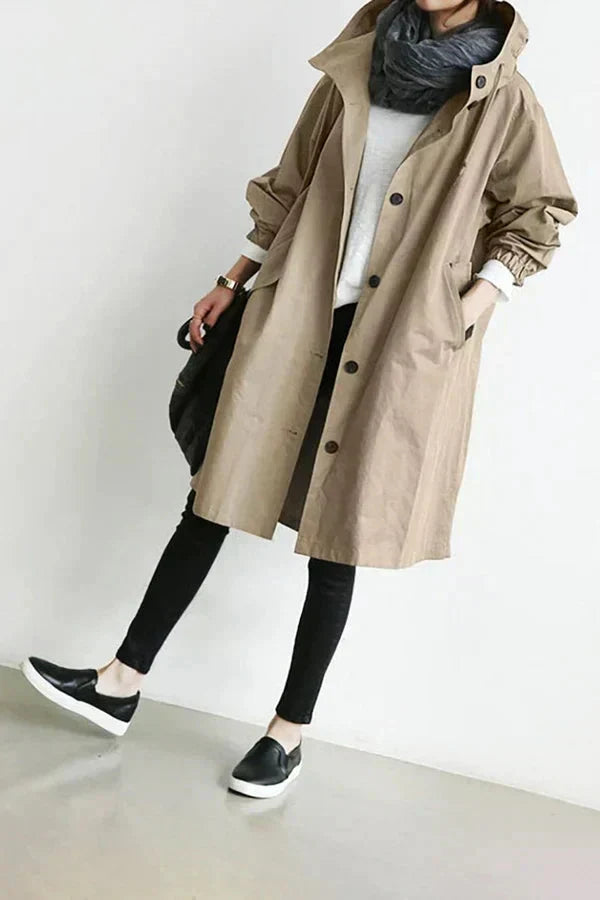 Women's Oversized Rain Jacket with Hood Button Front and Pockets
