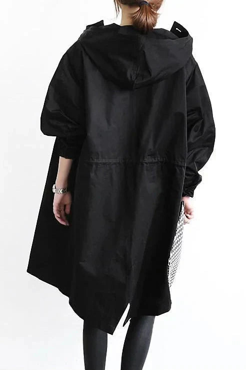 Women's Oversized Rain Jacket with Hood Button Front and Pockets