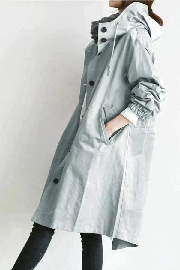 Women's Oversized Rain Jacket with Hood Button Front and Pockets