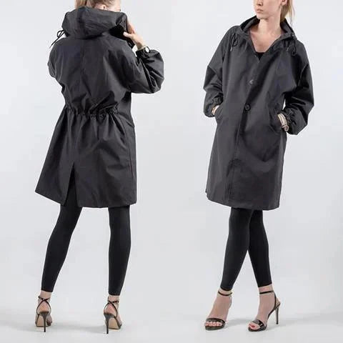 Women's Oversized Rain Jacket with Hood Button Front and Pockets