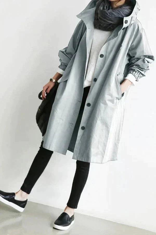 Women's Oversized Rain Jacket with Hood Button Front and Pockets