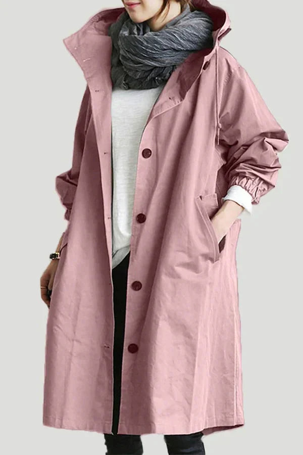 Women's Oversized Rain Jacket with Hood Button Front and Pockets