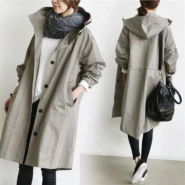 Women's Oversized Rain Jacket with Hood Button Front and Pockets