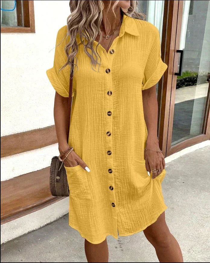 Women's Button-Down Short Sleeve Shirt Dress with Front Pockets