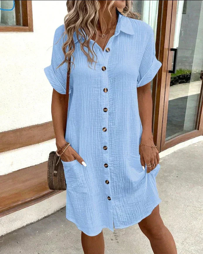 Women's Button-Down Short Sleeve Shirt Dress with Front Pockets