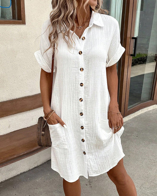 Women's Button-Down Short Sleeve Shirt Dress with Front Pockets