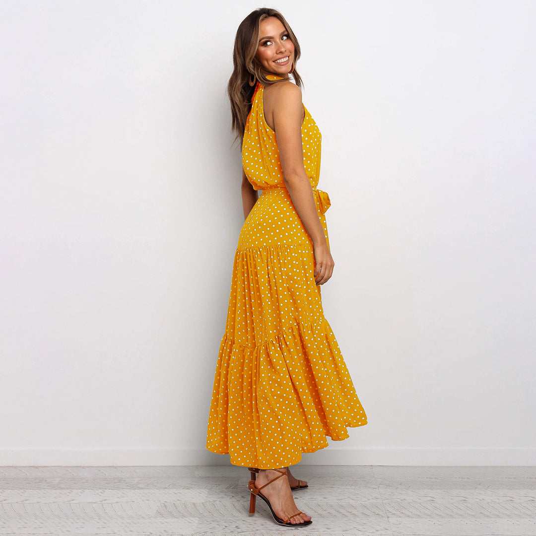 Women’s Polka Dot Halter Neck Maxi Dress with Tie Waist