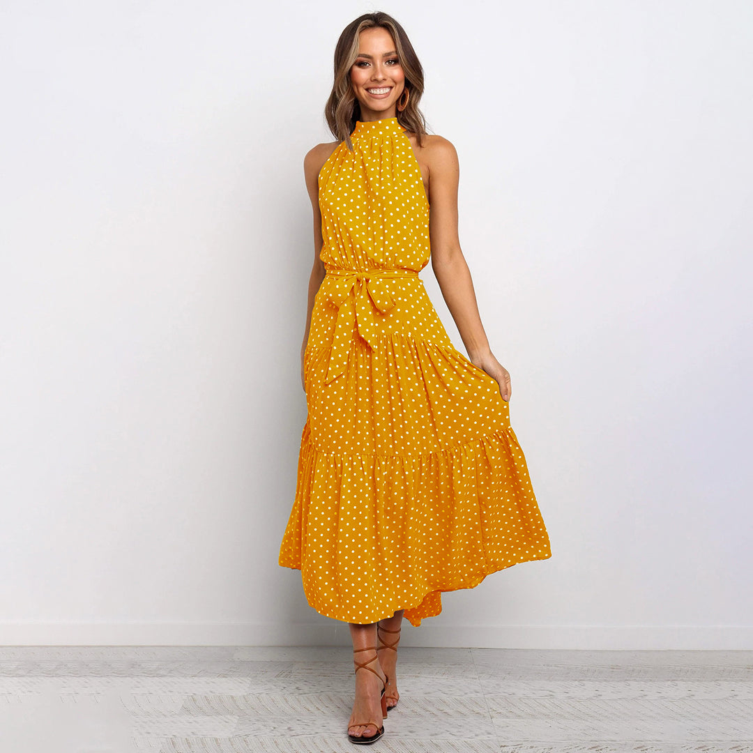 Women’s Polka Dot Halter Neck Maxi Dress with Tie Waist