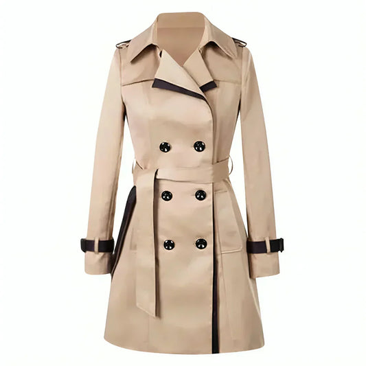 Women's Short Double Breasted Trench Coat with Belt and Contrast Trim
