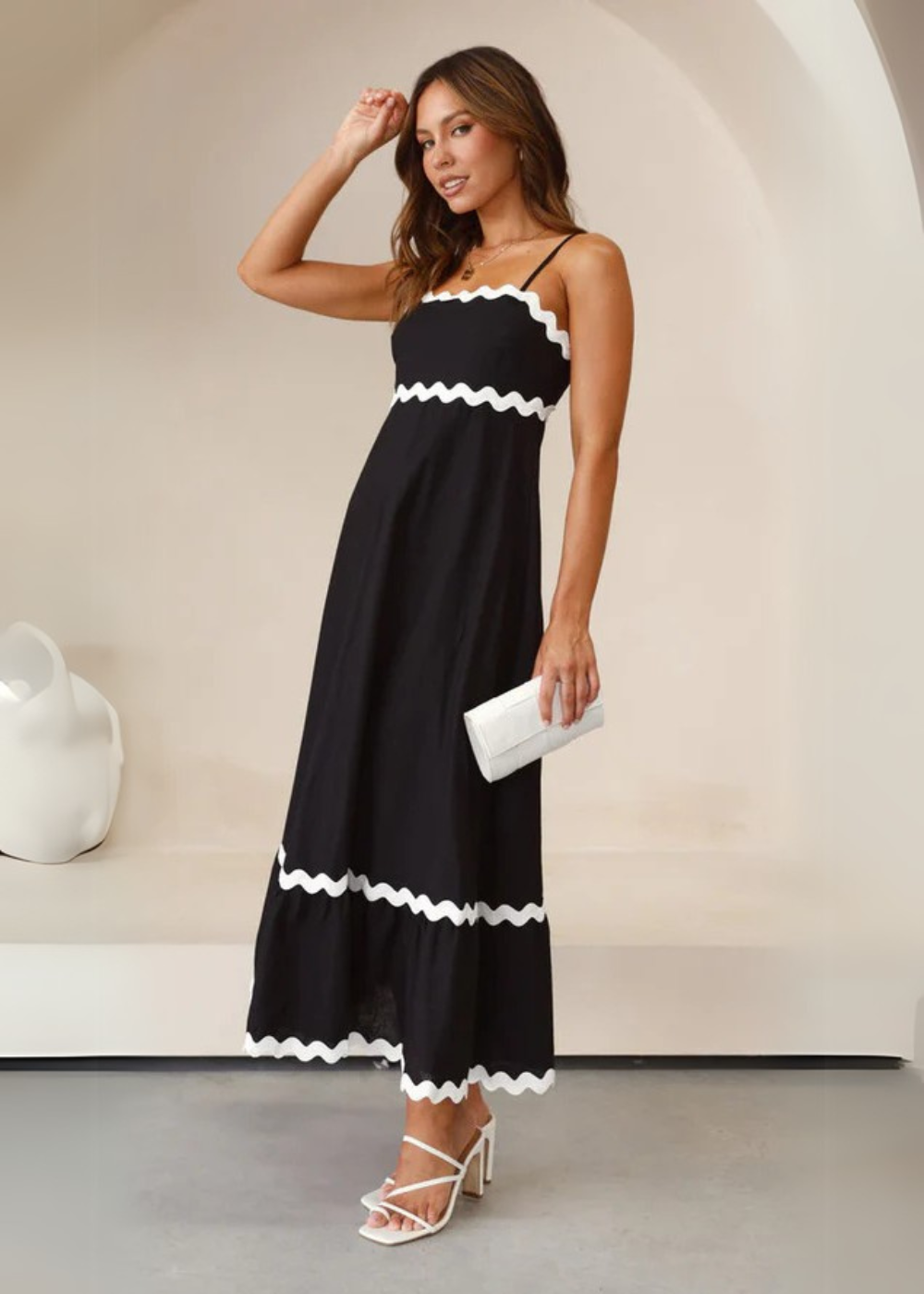 Women's Airy Maxi Dress with Straps and Decorative Trim