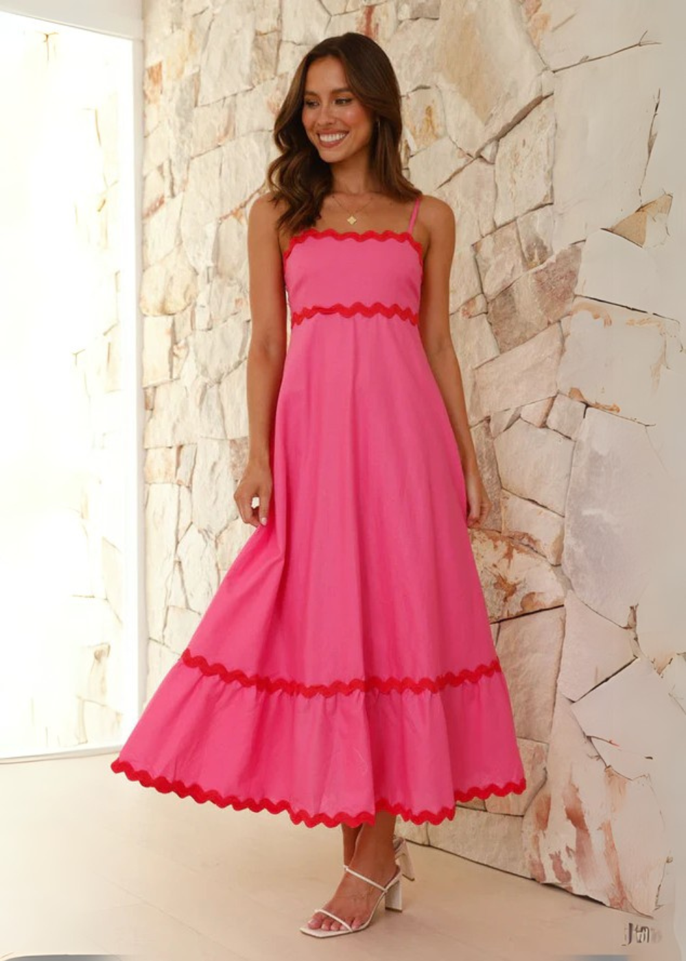 Women's Airy Maxi Dress with Straps and Decorative Trim