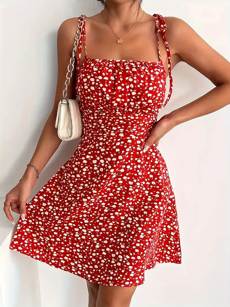 Women's Mini Dress with Floral Print and Tie Straps