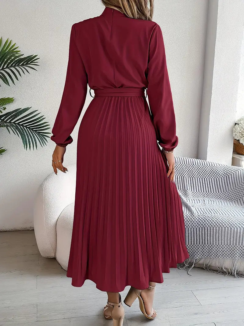 Women's Chic Pleated Midi Dress with Belted Waist