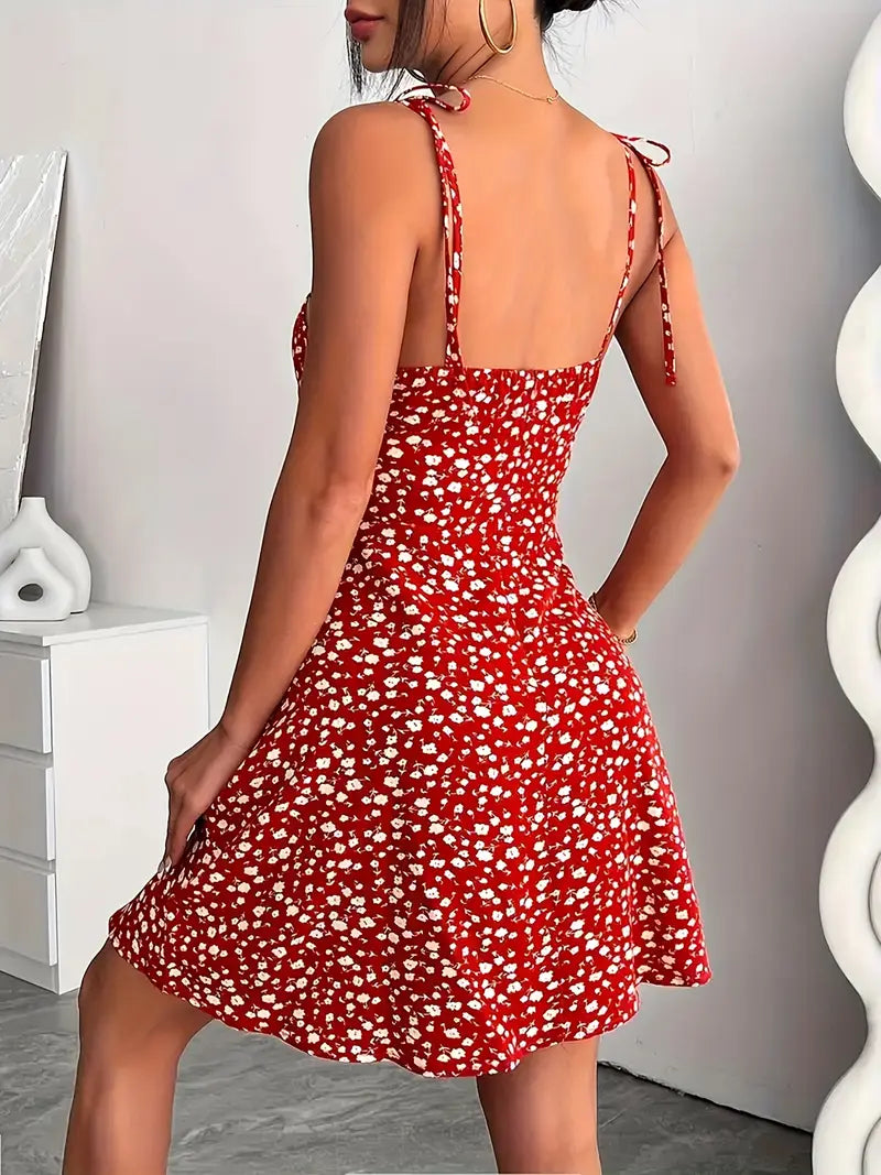 Women's Mini Dress with Floral Print and Tie Straps
