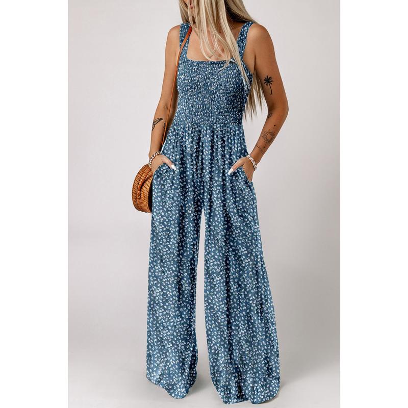 Women's Floral Wide-Leg Jumpsuit with Smocked Bodice and Pockets