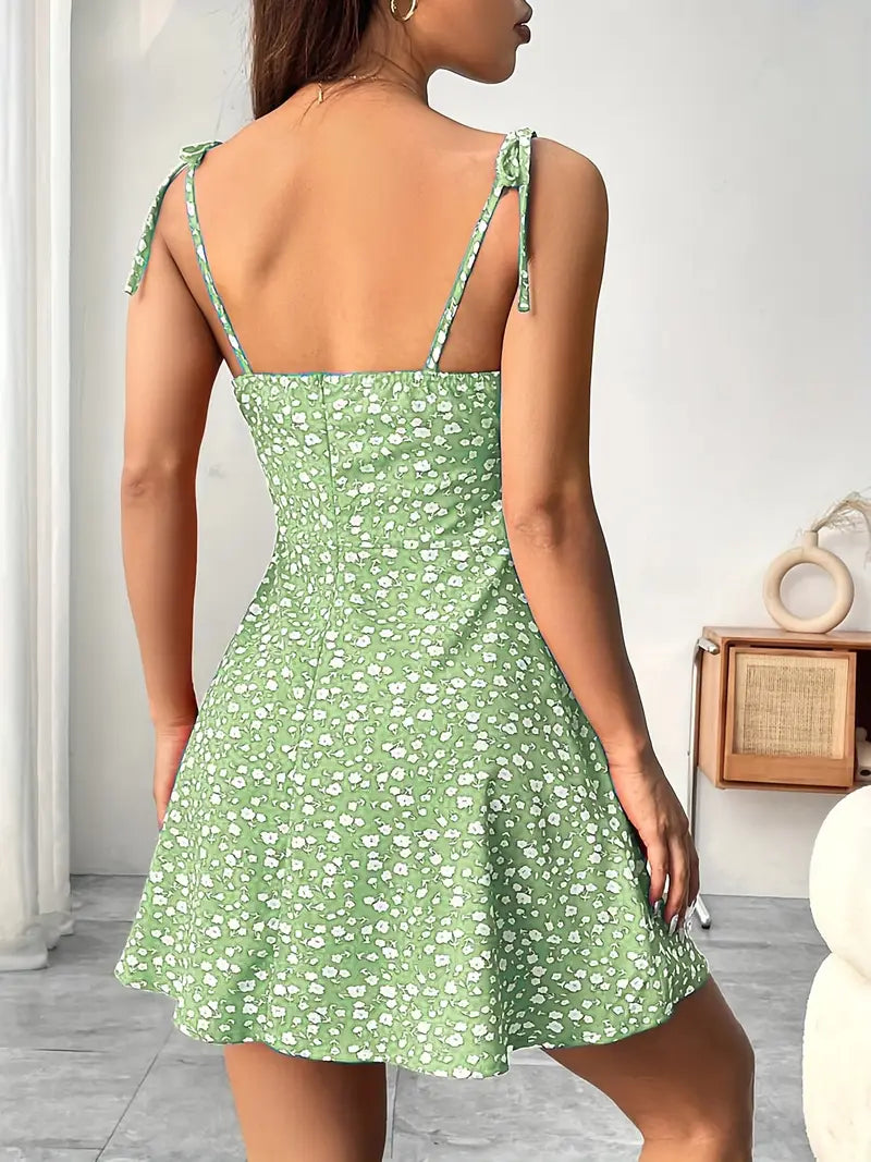 Women's Mini Dress with Floral Print and Tie Straps