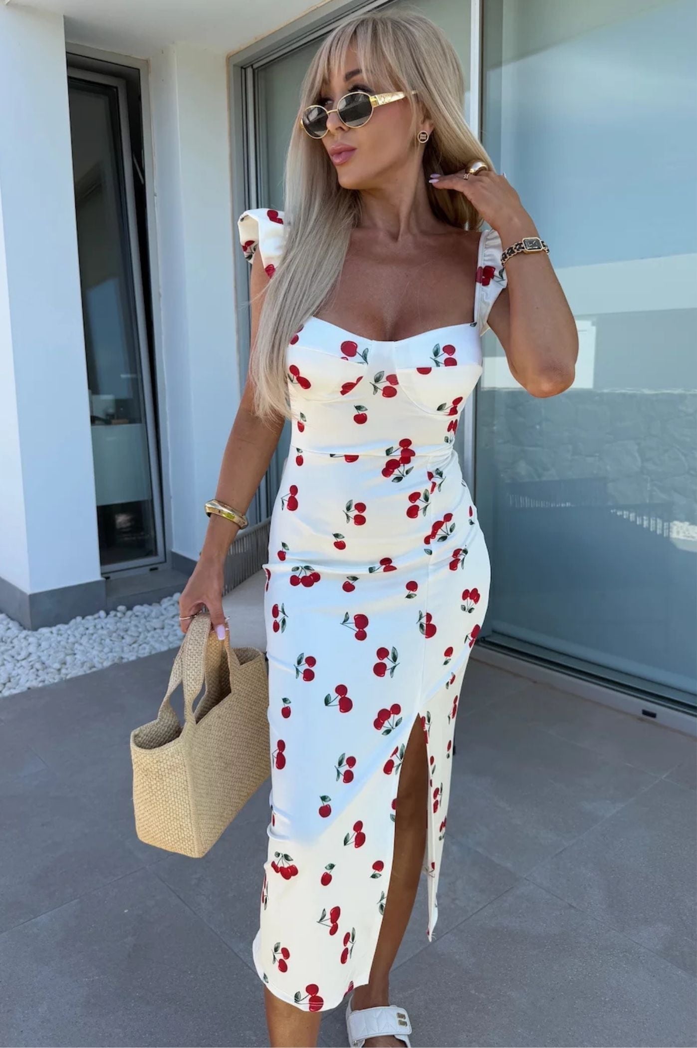 Women's Sleeveless Midi Dress with Side Slit and Ruched Waist