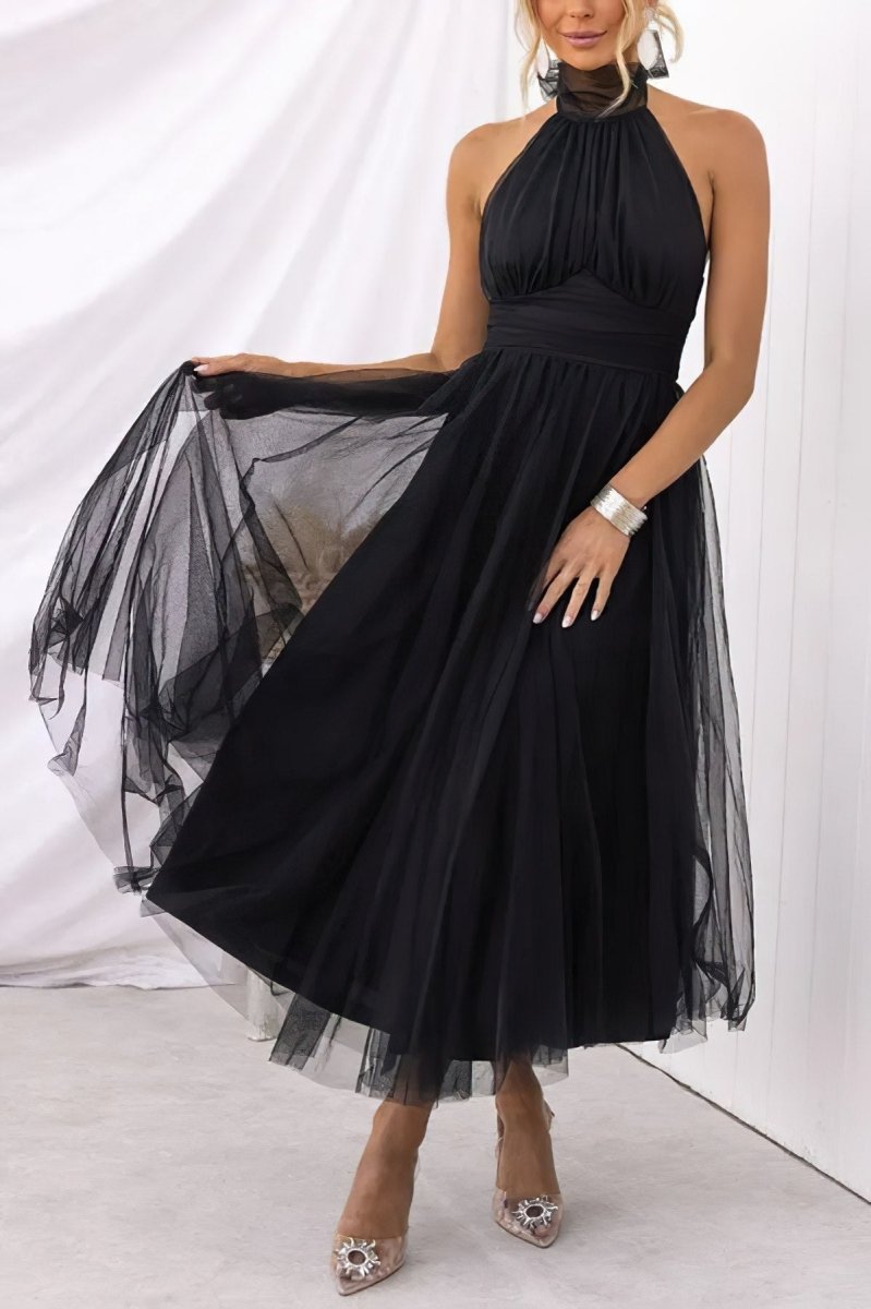 Women's Halter Neck Tulle Dress with Fitted Waist and Mid Length Skirt