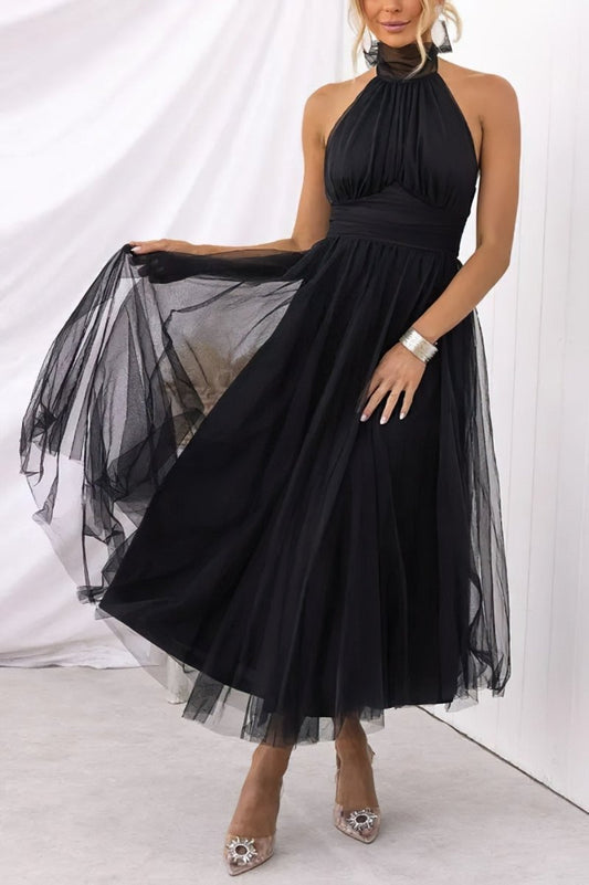 Women's Halter Neck Tulle Dress with Fitted Waist and Mid Length Skirt