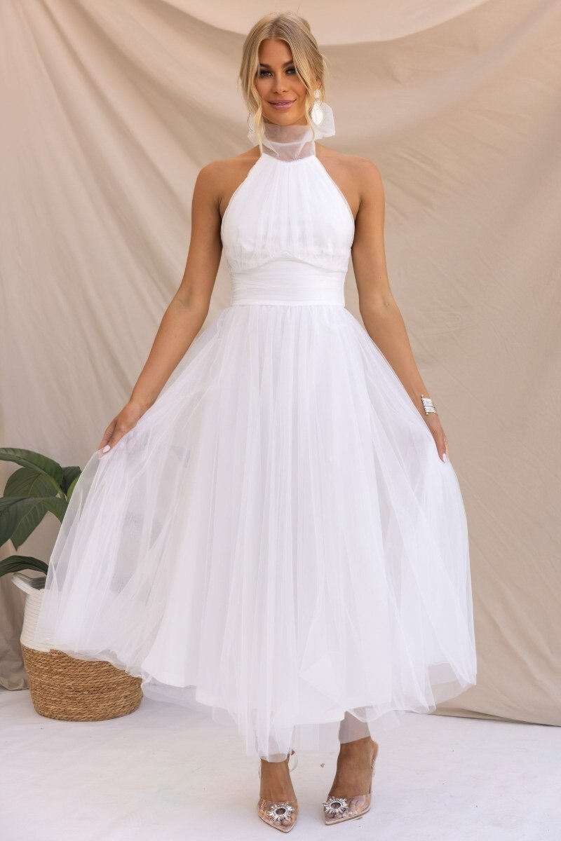 Women's Halter Neck Tulle Dress with Fitted Waist and Mid Length Skirt