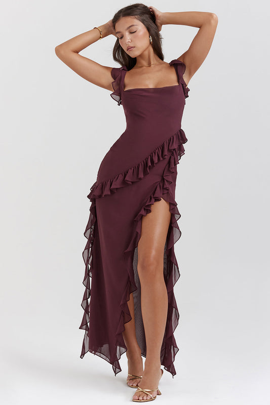 Women's Elegant Ruffle Maxi Dress with Thigh Split