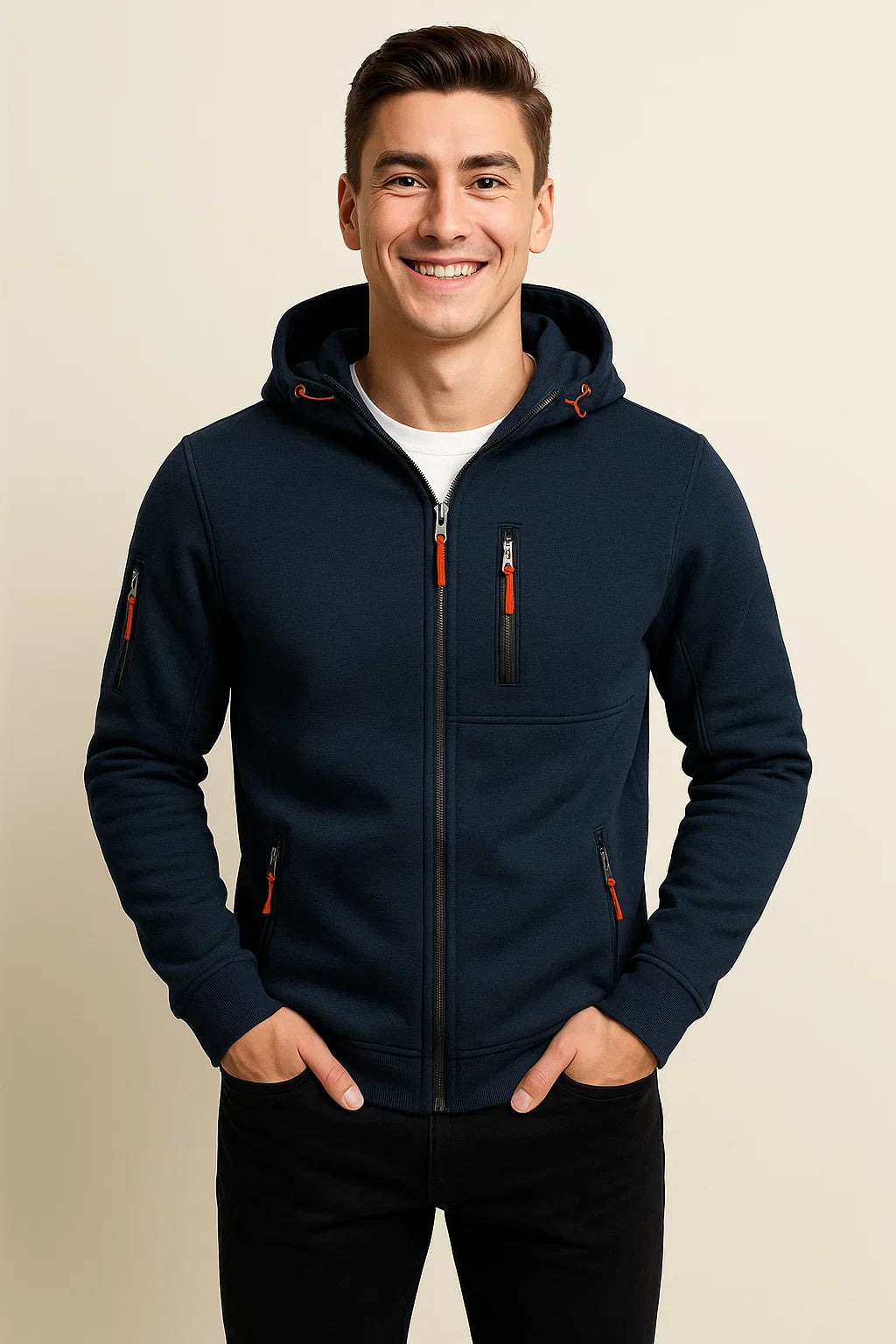 Men's Zip Hoodie with Multiple Pockets and Contrast Zipper Detail