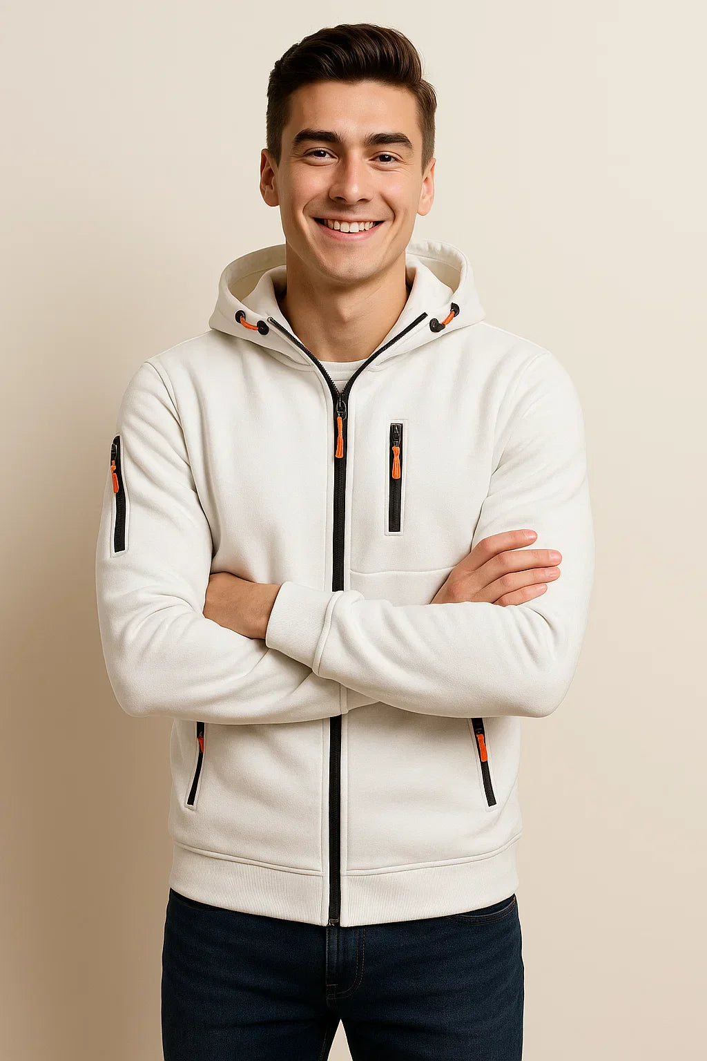 Men's Zip Hoodie with Multiple Pockets and Contrast Zipper Detail