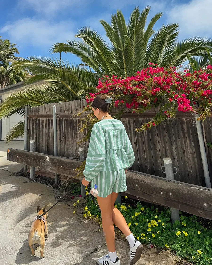 Women's Striped Two-Piece Set with Long-Sleeve Top and Shorts